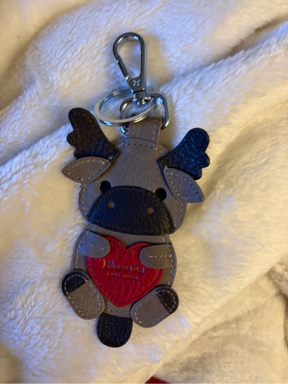 Roots Moose Keychain Charm in Gray, Black and Red Heart